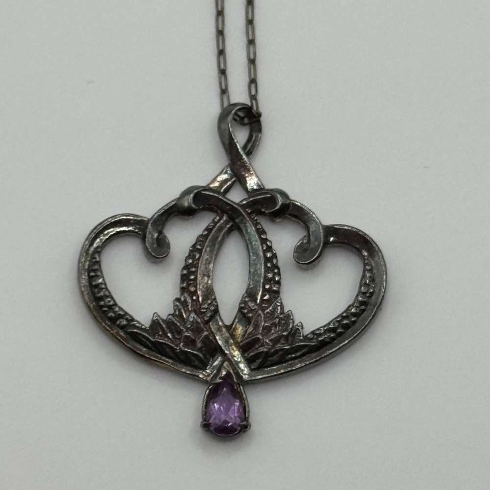 Vintage Franklin Mint Sterling Gradh Heart Amethyst Highland Heather Pendant
